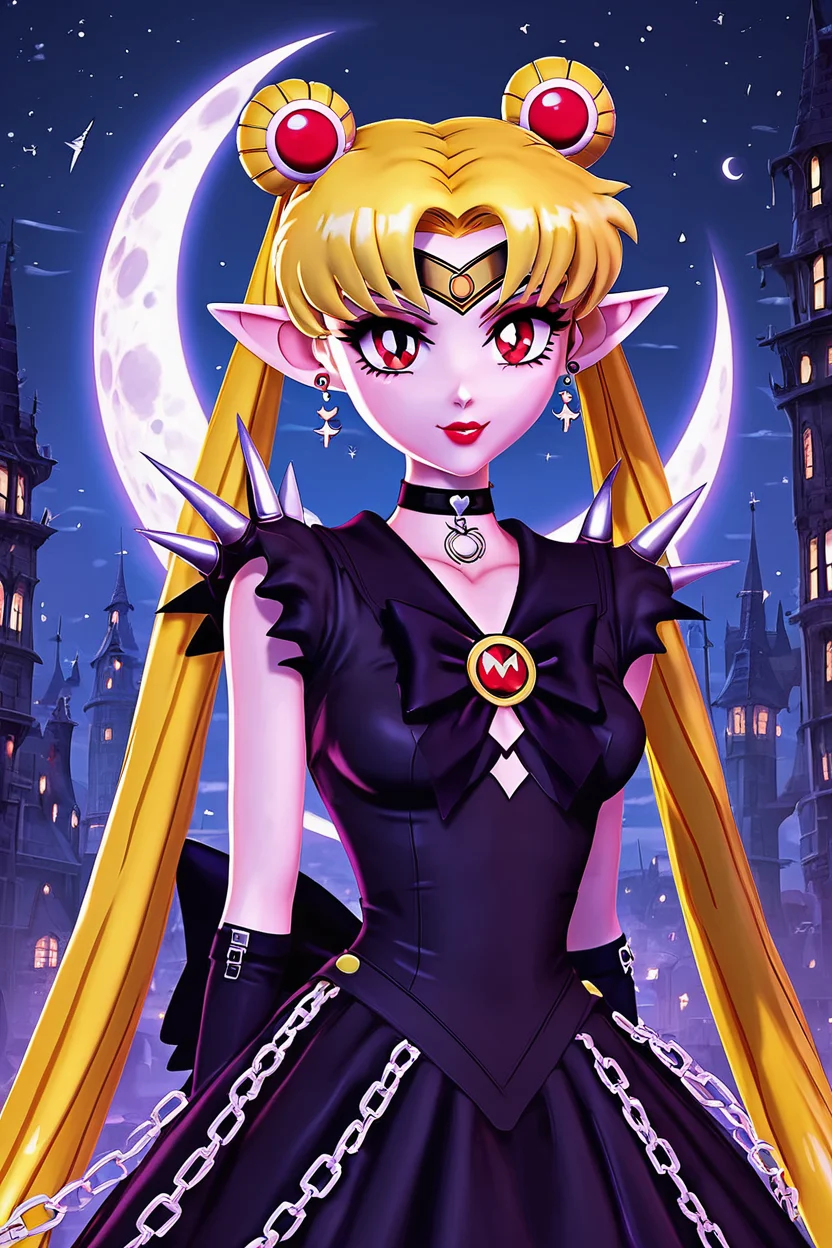 score_9, score_8_up, score_8, medium breasts, (curvy), cute, eyelashes, BREAK, , ,,, <lora:CruelMoon_PDXL:0.8>, zzCruelMoon, long hair, twintails, tsukino usagi, blonde hair, jewelry, hair bun, double bun, sailor moon, very long hair, choker, chain, spikes, gothic, parted bangs, red eyes, earrings, dress, makeup, holding, necklace, lipstick, black dress, pointy ears, night, ,,, , BREAK, smile, looking at viewer, cowboy shot, ,,, embedding:zPDXL, Expressiveh, ,,, <lora:Zy0n7_PDXL:0.8>, <lora:SDXLFaeTastic2400:0.5>, <lora:Expressive_H-000001:0.4>,