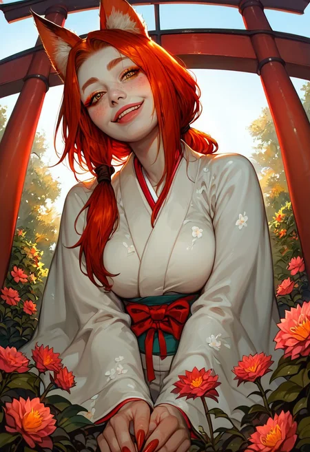 score_9_up, score_9, score_8_up, score_8, score_7_up, score_7, cinematic lighting, raw, high quality, 4k resolution, absurdres, masterpiece, dynamic lighting, high contrast, morimee_style, detailed face, 
1girl, solo, (kitsune), (fox ears), (mature), ((((pale skin)))), (yellow eyes), ((red makeup)), ((redhead hair)), freckles on face, ((long hairs, low ponytail)), [[average breasts]], (excited), (arched eyebrow), (white japanese kimono), kneeling, (long nails), head tilt, ribbon in hairs, flower in hairs, looking at viewer, [[smirking]],
close view, (below view), (Sakura, garden, flowers, torii gate)