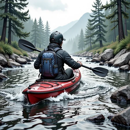 a person kayaking in a river, in the style of hyp3rd3tail