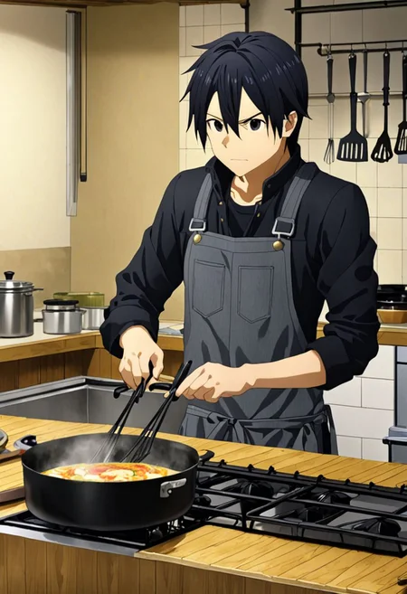 high resolution, professional photography, best quality, 1Boy, Kirigaya Kazuto, Black Hair, Black Eyes, overalldetail, cooking, kitchen