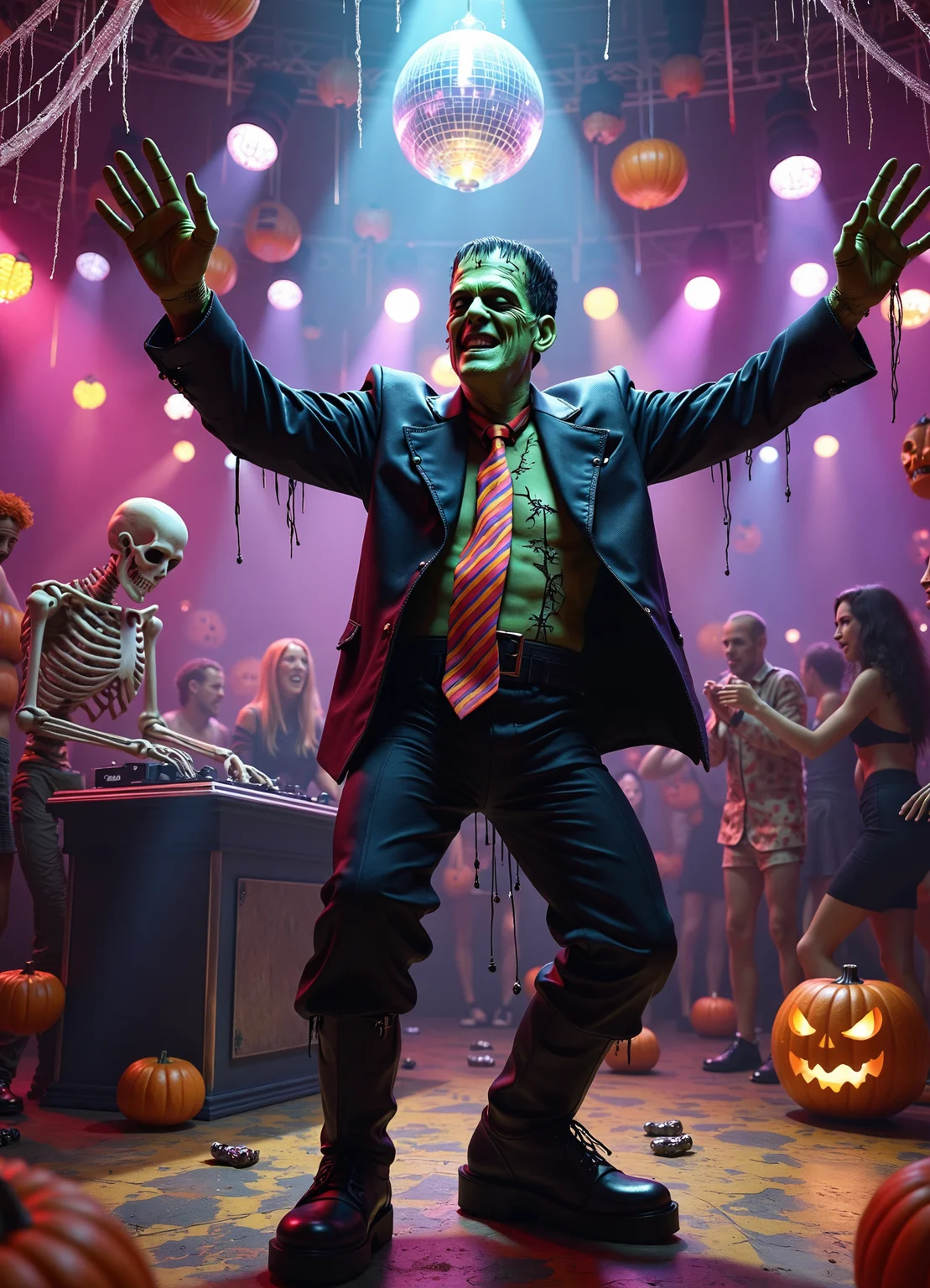 A hyper-realistic scene captures Frankenstein's Monster as the unexpected star of a Halloween-themed disco, frozen mid-dance move under the pulsating lights. The monster's massive frame, clad in a tattered black suit with comically short sleeves, towers over the other revelers on the dance floor. His face, a patchwork of scars and stitches, is contorted in an expression of unbridled joy, green-tinged skin glistening with sweat under the colorful lights.
The monster's arms are raised high, fingers splayed, as he executes a perfect rendition of the classic disco point. His normally lumbering form displays surprising grace and rhythm, with one platform-booted foot lifted off the ground in a dynamic pose. A garish orange and purple striped tie hangs loosely around his thick neck, swinging with his movements.
The disco ball above fractures light across the scene, creating a dazzling array of colors that play off the monster's bolts and highlight the texture of his skin. Strobes freeze particles of fog in mid-air, adding an ethereal quality to the atmosphere. The dance floor is a sea of costumed partygoers, their faces a mix of shock, amusement, and admiration at the monster's unexpected dance prowess.
Surrounding the dance floor, elaborately carved jack-o'-lanterns cast eerie shadows, their flickering flames competing with the artificial lights. Cobwebs drape from the ceiling, glittering as they catch the light. A DJ booth in the background is manned by a grinning skeleton, bony fingers working the turntables with surprising dexterity.
The photography style emphasizes ultra-sharp focus and vivid colors, capturing every detail from the individual stitches on the monster's face to the beads of sweat on the dancers around him. The lighting is dramatic, with strong contrasts between the dark corners of the club and the bright, colorful lights on the dance floor. This creates a surreal yet remarkably lifelike scene, perfectly blending the horror elements of Frankenstein's Monster with the jubilant atmosphere of a Halloween disco.