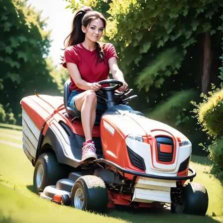 score_9, score_8_up, score_7_up, rilamo (front view) , (slim 25yo female) riding a lawn mower. red shirt, white hot-pants, sneakers , long brunette ponytail <lora:RideLawnMowerPony:1>