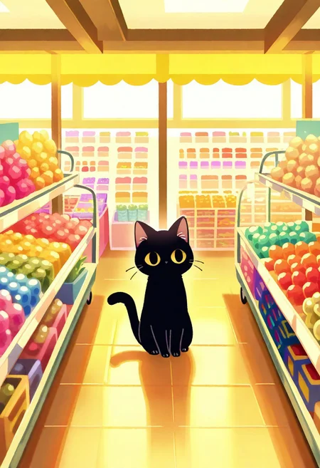 "(masterpiece, best quality, high quality, highres), very awa, highres, absurdres,
(naguru \(cyoroama\):0.9), (chii-kun \(seedyoulater\):0.7), pikaole, cute, 
(black cat:1.1),
(no humans:1.1), (cute:1.2), comfy, solo, cozy,
indoors, shoping, market, sunny day, shelves, shoping cart, thinking, toy store, toys, curious, "