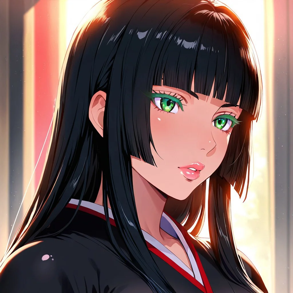 1girl, <lora:Gentiana_FFXV_ilxl_goofy:1> gentiana, \(FFXV\),, adult woman, masterpiece, black kimono, hand up, black hair, long hair, hime cut, blunt bangs, detailed lips, luscious lips, lip gloss, portrait, colored eyelashes, backlighting, detailed eyes, green eyes, large breasts, goddess, glossy skin, ,hires,best quality, very aesthetic,absurdres,score_9, score_8_up, score_7_up, score_6_up, score_5_up, score_4_up, (hyper extreme detailed), (hyper quality), game CG, (colour:1.2),(from side:0.7)