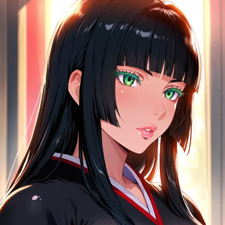 1girl, <lora:Gentiana_FFXV_ilxl_goofy:1> gentiana,  \(FFXV\),, adult woman, masterpiece, black kimono, hand up, black hair, long hair, hime cut, blunt bangs, detailed lips, luscious lips, lip gloss, portrait, colored eyelashes, backlighting, detailed eyes, green eyes, large breasts, goddess, glossy skin, ,hires,best quality, very aesthetic,absurdres,score_9, score_8_up, score_7_up, score_6_up, score_5_up, score_4_up, (hyper extreme detailed), (hyper quality), game CG, (colour:1.2),(from side:0.7)
