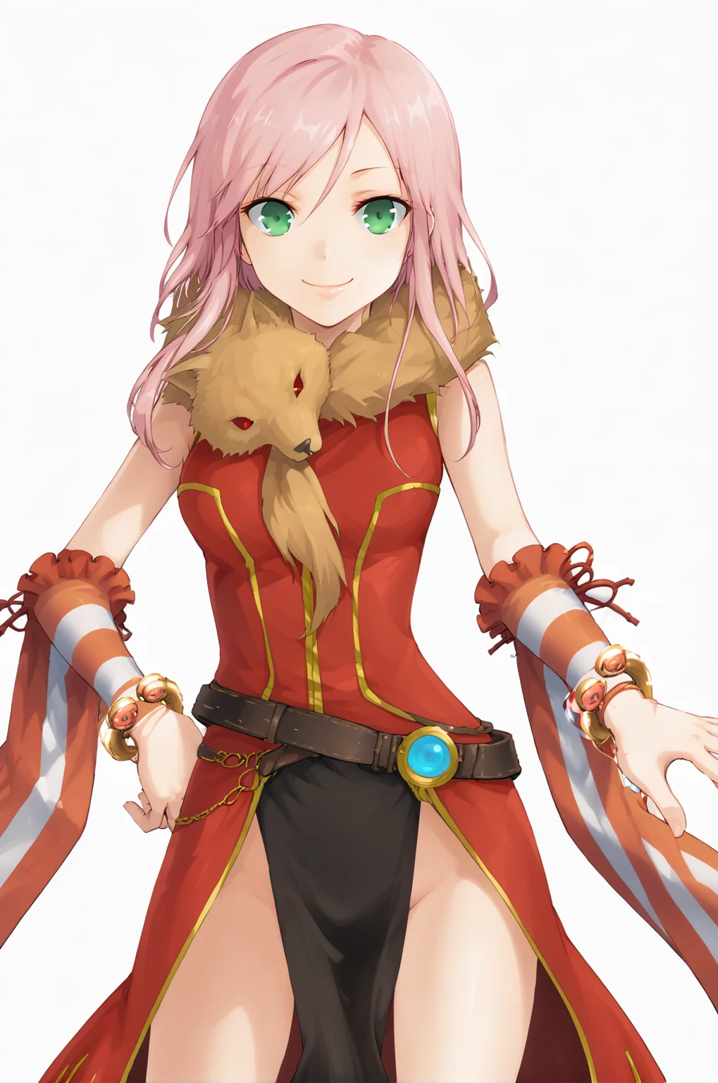 <lora:profRoPonyV1.28-000008:0.95>,
looking at viewer, 1girl, solo,
profRO, animal around neck, bangle, striped sleeves, red dress, black pelvic curtain, belt, bracelet, detached sleeves, arm warmers,
pink hair, green eyes, medium hair, hair between eye, long locks,
standing, upper body, smile,
white background,