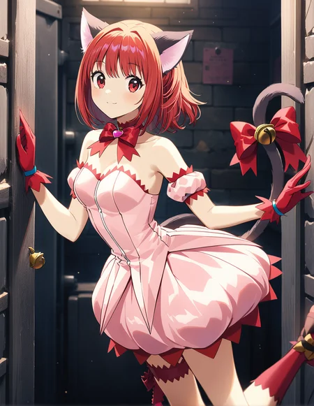1girl, solo,  <lora:sdxl-lyco-mew_ichigo-remake-animagine_xl_3_1-v1:1>, mew_ichigo_remake, tail bow, gloves, cat tail, red gloves, tail bell, choker, detached sleeves,pink dress, strapless, relaxed posture, elbows extended, standing,  ,,smile, best quality, very aesthetic, ultra-detailed, intricate details, 4k,BREAK  in a prison cell