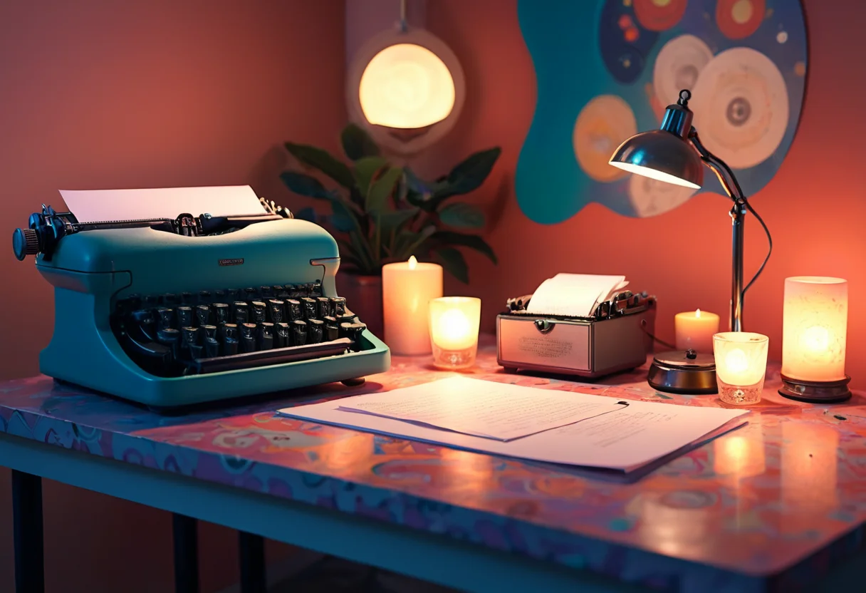 vintage typewriter, round keys, sheet of paper, desk, decorative objects, candles, adjustable lamp, warm ambiance, retro aesthetic, contrast with modern technology, detailed, high quality, vibrant colors, dynamic composition <lora:Psych-Futurism:1>,pfstyle