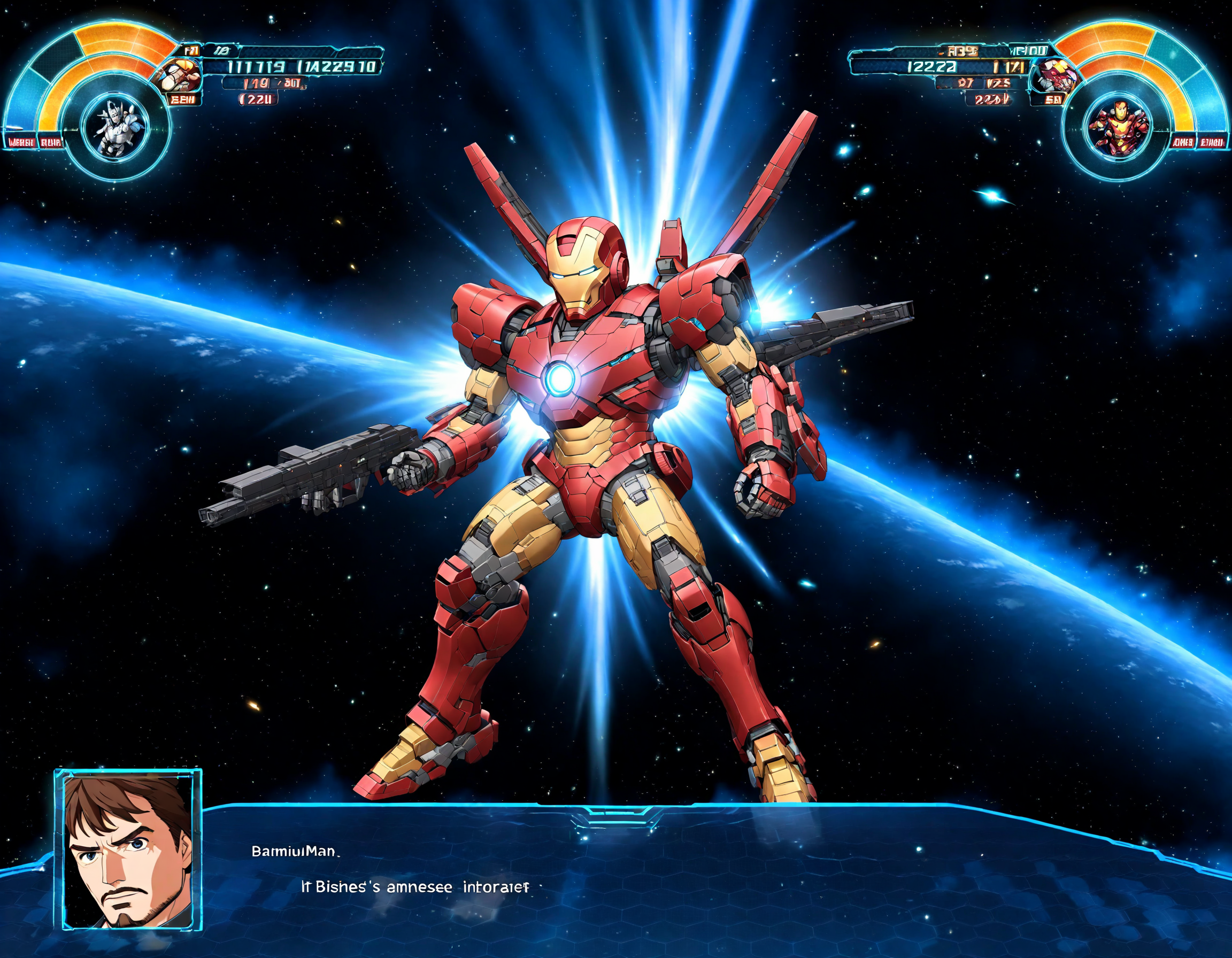 high quality,A strategic space combat scene in a mecha game interface, showcasing the iconic Iron Man in place of the traditional mecha. Tony Stark's confident and intelligent visage replaces the pilot's portrait, his sharp gaze and wry smile indicating his readiness for the battle. The Iron Man suit, detailed and glowing in the game's HUD, is poised for action, with high HP and energy levels emphasizing its power. Enemy targets are marked on the HUD, signifying an approaching high-stakes encounter. Behind, the tranquil expanse of space contrasts with the imminent high-tech warfaret, <lora:rw99-000028:0.75>