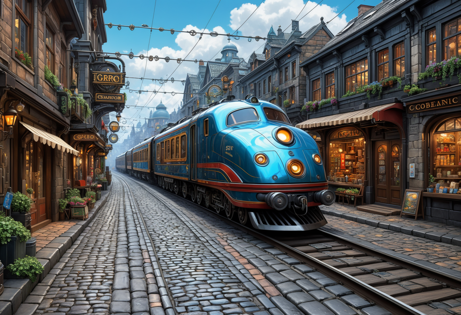 biomechanical style realistic painting A quaint cobblestone street lined with shops, full body, goodly landscape with sci-fi train on the street . scenery style, key visual, vibrant, photo studio, highly detailed . blend of organic and mechanical elements, futuristic, cybernetic, detailed, intricate