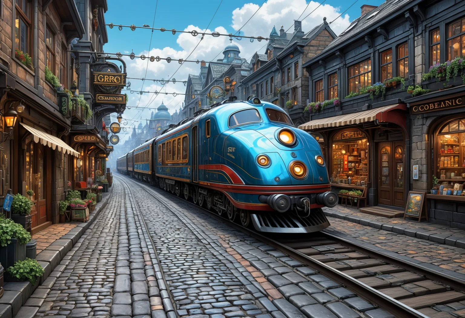 biomechanical style realistic painting A quaint cobblestone street lined with shops, full body, goodly landscape with sci-fi train on the street . scenery style, key visual, vibrant, photo studio, highly detailed . blend of organic and mechanical elements, futuristic, cybernetic, detailed, intricate