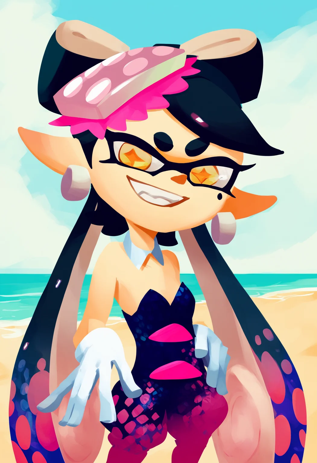 score_9, score_8_up, score_7_up, score_6_up, score_5_up, score_4_up, BREAK,
1girl, callie \(splatoon\), long hair, black hair, yellow eyes, pointy ears, tentacle hair, inkling,
detached collar, dress, purple pantyhose, short jumpsuit, strapless, white gloves,
challenging the viewer, smirk, BREAK, sand, sea, blue sky, tropical island background <lora:SplatoonXLLocon:1>