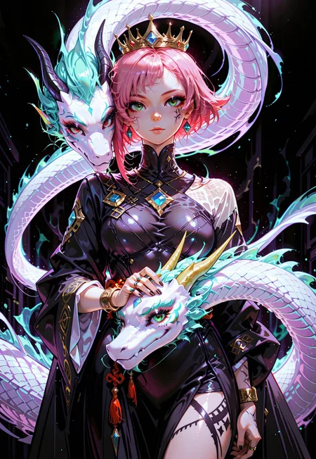 safe_pos, masterpiece, best quality, good quality, very awa, newest, highres, absurdres, no lineart, no outline, 1girl, solo, looking at viewer, short hair, green eyes, dress, closed mouth, jewelry, medium breasts, standing, pink hair, cowboy shot, earrings, wide sleeves, necklace, nail polish, black dress, bracelet, lips, tattoo, makeup, ring, crown, black nails, gem, forehead, high collar, asymmetrical hair, asymmetrical bangs,white dragon,red eyes, petting dragon head, facepaint, asymmetrical clothes, facial tattoo, blue gemstone, mascara, black background, painterly, fine art, ckym, in the style of ckym,