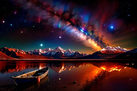 (Realistic:1.5) SyFyEye1, milky way, night sky, galaxy, mountainous horizon, boots, red theme, aurora, landscape, silhouette, boat, <lora:SyFyEye1_v2.0:0.8>