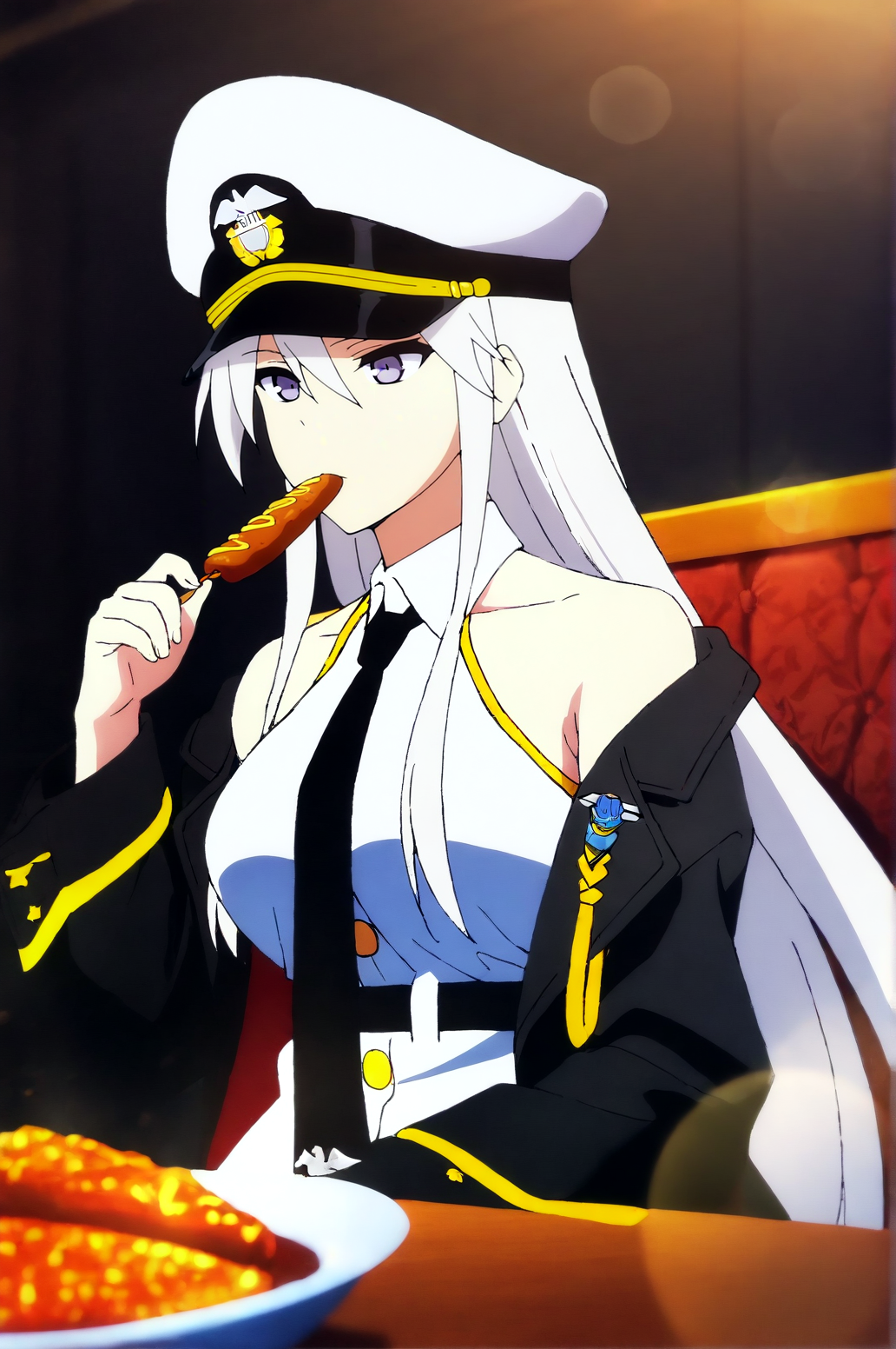 masterpiece, best quality, dark grey background, indoors, cinematic lighting, lens flare, amazing quality, very aesthetic, absurdres, best quality, newest, year 2023,  Enterprise, main outfit, chair, eating, food, general, indoors,  <lora:JN_Enterprise_Illus:0.8>