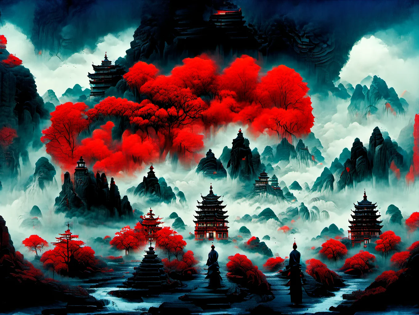 1girl,standing,with vast sky,continuous mountains and steep cliffs,outline light,atmospheric atmosphere,depth of field,mist rising,bamboo,pine trees,stone pavilions,waterfalls,revenants wander,soul,taoist,a character standing in front of blue glowing taoist,\(8k, RAW photo, best quality, masterpiece:1.2\),\(realistic, photo-realistic:1.37\),tree,red theme,(<lora:zwd_v2_SDXL>zwd:1.2),bust,upper_body,looking_at_viewer,chinese style architecture,