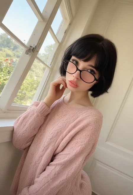 score_9, score_8_up, score_7_up, score_6_up, 1girl, perfect face, cute, bob cut hair, black hair, shy pouty, spring morning sun through window, cozy cottage, (Stable_Yogis_PDXL_Positives, librarian glasses, (wide hips:0.8), thick plump bubblebutt, (feminine), (full thick lips),