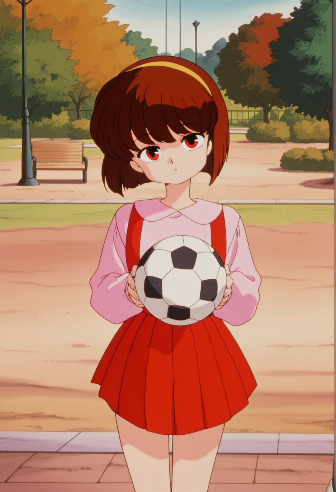 retro artstyle, anime screencap, anime screenshot, anime coloring, 1girl, solo, short hair, brown hair, red eyes, hairband, pink blouse, red skirt, pleated skirt, suspenders, head tilt, holding soccer ball, outdoors, park,  <lora:temari_ranma:1>, masterpiece, best quality, amazing quality, very aesthetic, absurdres, highres, newest