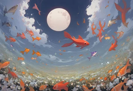 score_9, score_8_up, score_7_up, score_6_up,
nature background, flowers, flower, clouds, fields, flower field, night time, dark county side, moon in the sky, huge moon, glowing moon, white glow, horizon view, flat horizon
flying fish, fish floating, fish swimming thriugh the sky, betta fish, multi colour fish, swarm of fish, 30 fish, huge swarm of fish,fish ,Aquatic life, swarm of fish around a big fish, large goldfish, goldfish, large fish, dragon fish, dragon gold fish