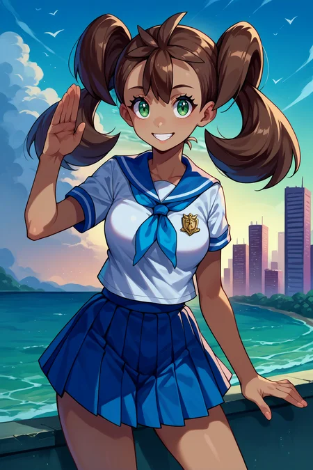 score_9, score_8_up, score_7_up, score_6_up, source_anime, 1girl, solo, <lora:pkmnshauna-pdxl-nvwls-v1-000005:1> defSana, dark-skinned female, twintails, brown hair, long hair, green eyes, white t-shirt, blue sailor collar, neckerchief, salute, smile, blue sky, ocean, city, blue pleated skirt, looking at you, medium breasts
