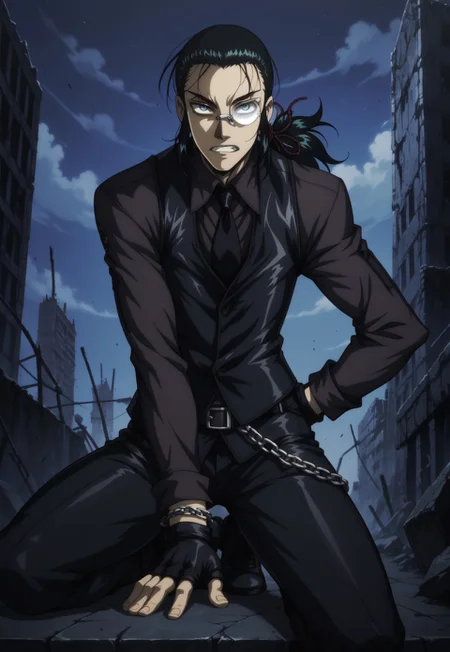 safe_pos, score_9, score_8_up, score_7_up, masterpiece, best quality, amazing quality, DarkWalter, solo, 1boy, male, black hair, ponytail, hair pulled back, hair ribbon, blue eyes, monocle, round eyewear, black shirt, black vest, black necktie, black gloves, fingerless gloves, chain bracelet, black pants, belt chain, black shoes, looking at viewer, angry, clenching teeth, garrote, string, ruins, dark, night