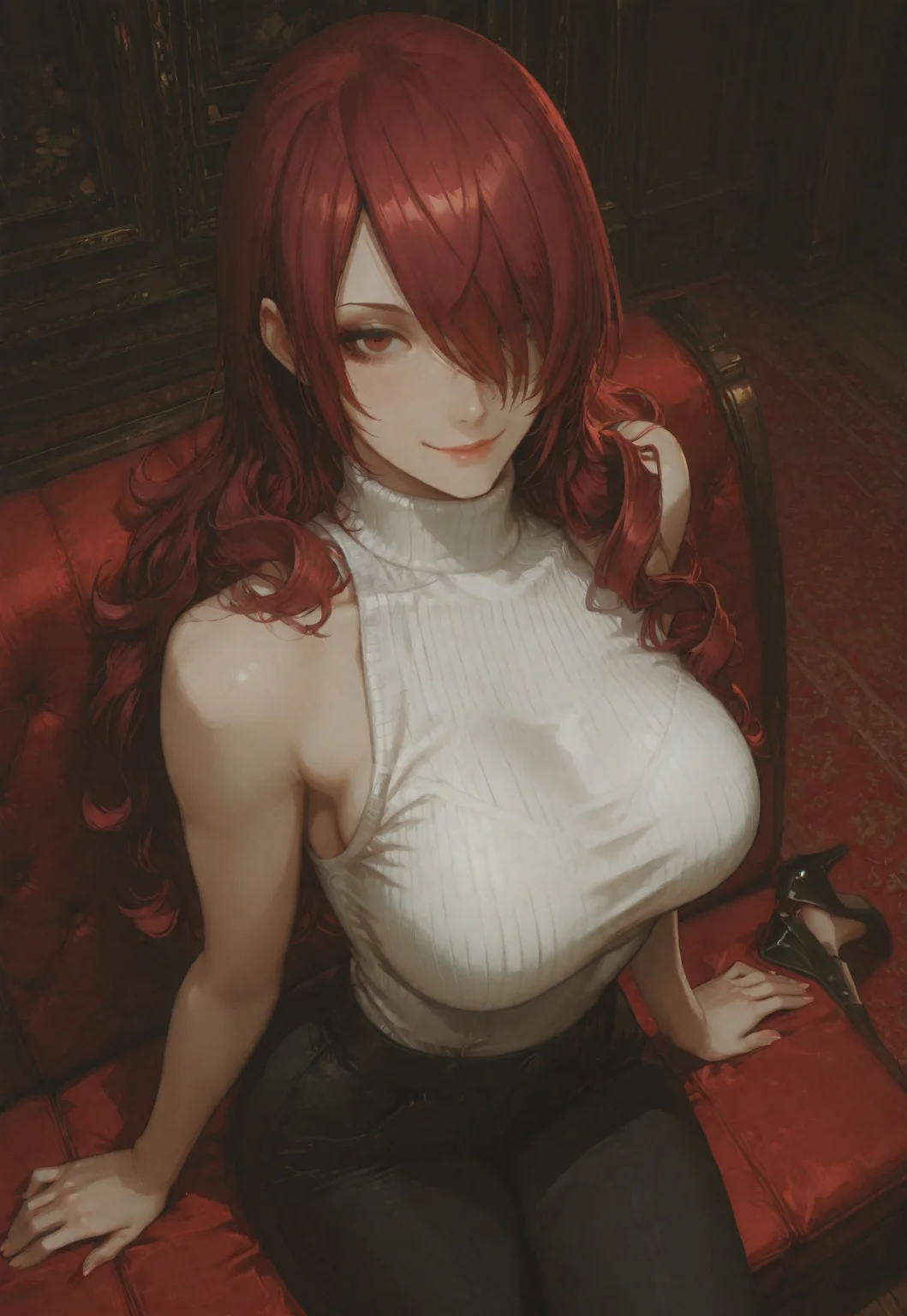 masterpiece,best quality,amazing quality, absurdres, volumetric lighting, chromatic aberration, 4k, intricate details,
1girl, solo, slender curvy body, (large breasts), p3mitsuru, kirijou mitsuru, long hair, red hair, hair over one eye, red eyes, p3mitsuru-sumcas, white turtleneck, sleeveless turtleneck, sleeveless, ribbed turtleneck, bare shoulders, pants, black pants, capri pants, casual, high heels, looking at viewer, sitting, crossed legs, cowboy shot, from above, dutch angle, from the side, sexy pose, cute smile, dynamic pose, dorms living room, celshaded cannedmos, 69yottea_style_illu, 7481llu, lineart,