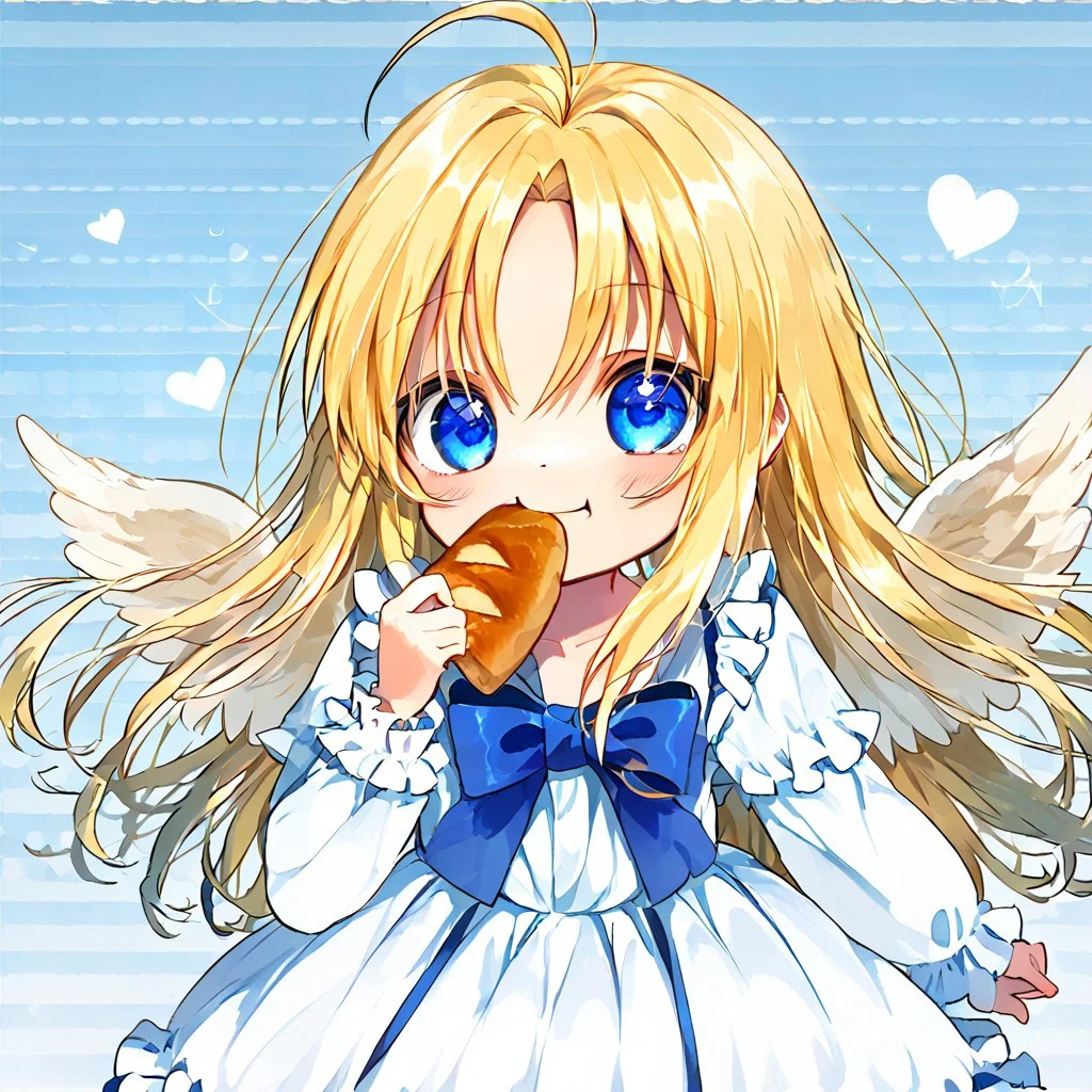 score_9, score_8_up, score_8, score_7_up,
1girl, solo, AEFilo, blue eyes, blonde hair, ahoge, long hair, white wings, blue bowtie, white dress, frilled dress, frilled sleeves, long sleeves, barefoot, polka dots background, smile, eating, bread, loaf, eating, close shot, cute girl, looking at viewer,
cute, kawaii, hearts,