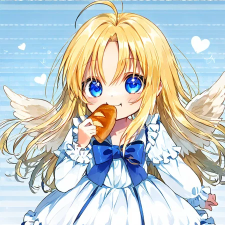 score_9, score_8_up, score_8, score_7_up,
1girl, solo, AEFilo, blue eyes, blonde hair, ahoge, long hair, white wings, blue bowtie, white dress, frilled dress, frilled sleeves, long sleeves, barefoot, polka dots background, smile, eating, bread, loaf, eating, close shot, cute girl, looking at viewer,
cute, kawaii, hearts,