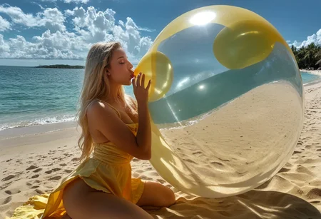 (score_9, score_8_up, score_7_up, score_6_up,
source_anime, masterpiece, 1girl kneeling in sand, 99storykitkattb, blonde hair, blue eyes, perky breasts, erect nipples under dress, areolae slip, (((blowing up a massive balloon, overinflating))), fit, long hair, pouty lips, realistic hair, long slim legs, upper body shot, breasts focus, breasts close-up, dutch angle, cowboy shot, large ass, thick thighs, wide hips, hourglass figure, pawg, plump, lusty, cleavage, gorgeous face, narrow waist, thighs, sexy pose, skindentation, motion lines, (yellow sundress) , beach background, neutral expression, side view, dynamic view,