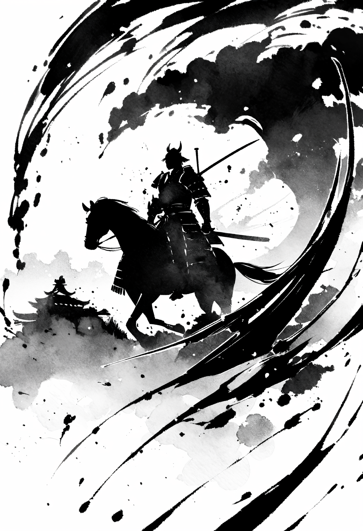 (best quality), sumi-e, watercolor style, ink splashes, silhouette art, samurai, japanese armor, ultra highres, absurdres, monochrome,