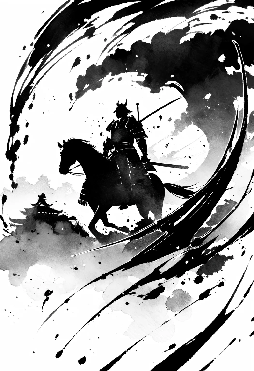 (best quality), sumi-e, watercolor style, ink splashes, silhouette art, samurai, japanese armor, ultra highres, absurdres, monochrome,