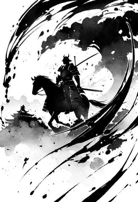 (best quality), sumi-e, watercolor style, ink splashes, silhouette art, samurai, japanese armor, ultra highres, absurdres, monochrome,