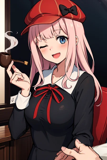 masterpiece, best quality, highres,caustics, chika1, fujiwara chika, school uniform, black bow, black dress, red ribbon, long sleeves, blunt bangs, neck ribbon, collared dress, large breasts,<lora:fujiwaraChikaKaguya_v10:0.65>, holding smoking pipe,upper body, one eye closed, open mouth, smile, detective, blush, ;d,cute,red cabbie hat, headwear, hat bow,club activity,