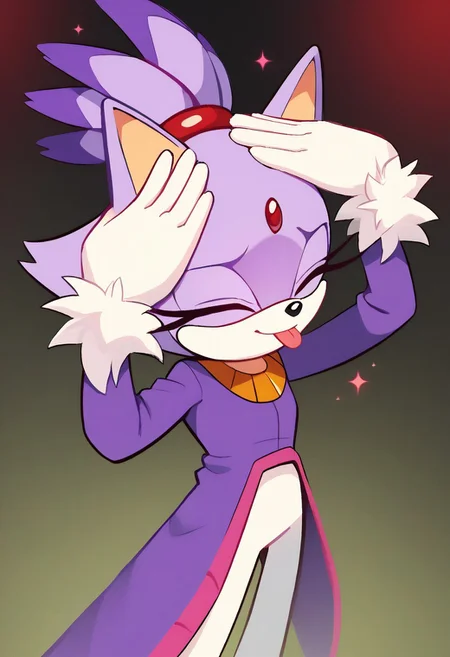 zPDXL3, score_9, score_8_up, score_7_up, AhEtoBlehMeme, closed eyes, tongue out, :p, hands on own head, smile, blaze the cat, purple fur, forehead jewel, hair tie, high ponytail, purple coat, white pants, white gloves, sonic channel (style), petite, slender, skinny, slim, flatchest