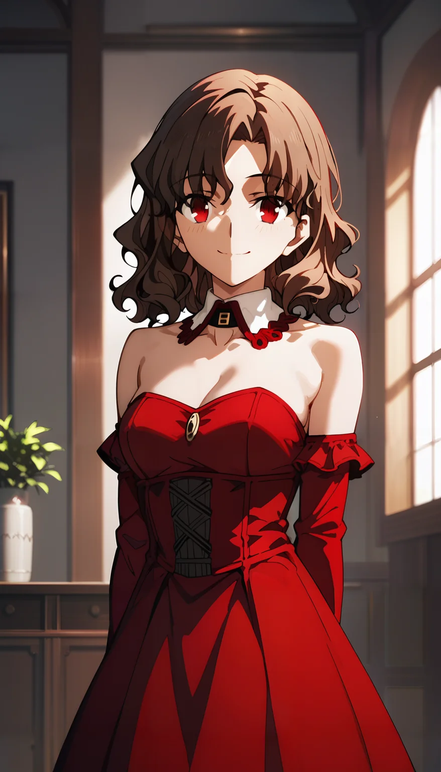 (score_9,score_8_up,score_7_up),
anime screencap, by ufotable,
fate (series), heaven's feel,
solo, solo focus, cowboy shot,
indoors,
<lora:ufotable_lora_pony:1>
BREAK
1girl, medium hair, brown hair, smile, wavy hair,
medium breasts,
red eyes,
red dress, strapless dress, detached sleeves, detached collar, arms behind back,
looking at viewer,