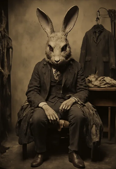 vicgoth. novuschroma. Anthropomorphic, cinematic setting, evil rabbit with sharp teeth dressed in a tattered Victorian suit sitting menacingly in a tailor's shop. Rembrandt Lighting style. partially covered in shadows.