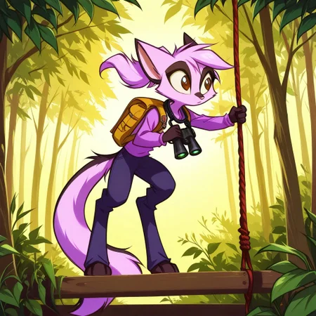 Dreamkeepers,1girl,Prelude_Vi,solo,furry,tail,source_furry,hazel eyes,
child, kid, 1boy,
climbing a rope ladder to a tree platform, binoculars around her neck. A notebook peeks from her backpack, and leaves rustle in the wind, forest, rope_ladder, tree_platform, binoculars, notebook, backpack, hiking_boots, wind_blown_hair, nature, outdoors, climbing, leaves, research