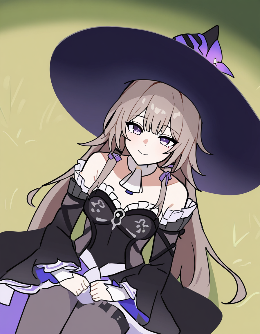 masterpiece, best quality, newest, absurdres, highres, safe,, <lora:the-herta-illustriousxl-lora-nochekaiser:1>, the herta, the herta (honkai: star rail), brown hair, long hair, purple eyes, medium breasts,, bare shoulders, black dress, black hat, detached sleeves, hat, hat flower, hat ornament, long sleeves, pantyhose, witch hat, savannah, grass, wildlife, hot, open, smile, from above, looking at viewer, solo,, cowboy shot, solo