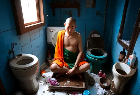highres,4k,8k,RAW photo, Buddha, hobo-monk, Silhouettes of dazzling,rich colors,<lora:add_detail:0.7>, award-winning, professional, highly detailed, meditating, easynegative, ruanyi0181,indoors,toilet, Buddha, monk in rags, DeepNegative_xl_v1, dirty toilet, mess, broken furniture, broken closet, dirty closet, poverty, dirt