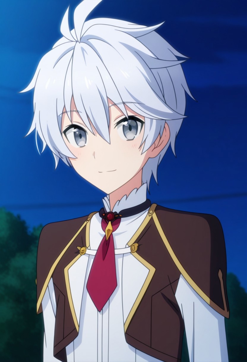 masterpiece, anime screencap, best quality, official style, soft details, smooth hair, 1boy, solo, male focus, looking at viewer, long sleeve, white collared shirt, necktie, school uniform, upper body, close up, skinny, cute, round face, bangs, youthful, outdoor, at night, lux_arcadia, white hair, grey eyes, ahoge, hair between eyes, light smile