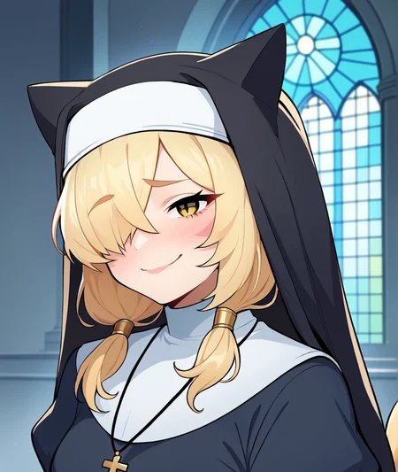 score_9, score_8_up, score_7_up, score_6_up, source_anime,indoors,church, sunlight, 
BREAK
1girl, miqo'te, cat tail, cat ears, low ponytail, long hair, blonde hair, yellow eyes, nun, traditional nun, arms behind back, smug, upper body, hair over one eye, cross necklace, 
<lora:maidcousin_ponyxl-fandango:0.8>