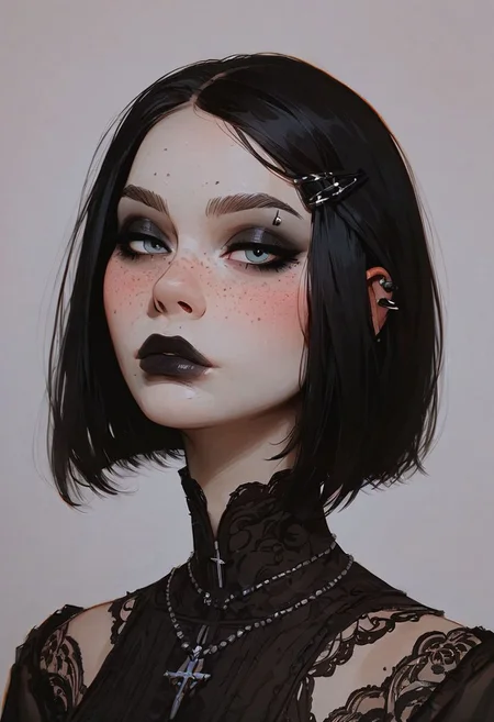 score_9, score_8_up, score_8_up, easynegative, Expressiveh, portrait, close-up, focus on face, 1girl, beautiful, flawless, perfect face, (goth girl, lace outfit, low cut silk blouse), (slut outfit, hair clips, black hair with white streak, freckles, blushing, lipgloss), large natural breasts, AS-YoungestV2:2, best quality, thick