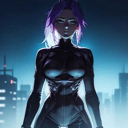 score_7, score_6_up, dark, low_light, darkness, 1girl, black_skinsuit, skin_tight, light_from_below, shadows, very dark, dark , breasts, blue_lighting, blue_theme, dramatic_lighting, purple_hair, ponytail, high up, night, looking_down, city, front_view,