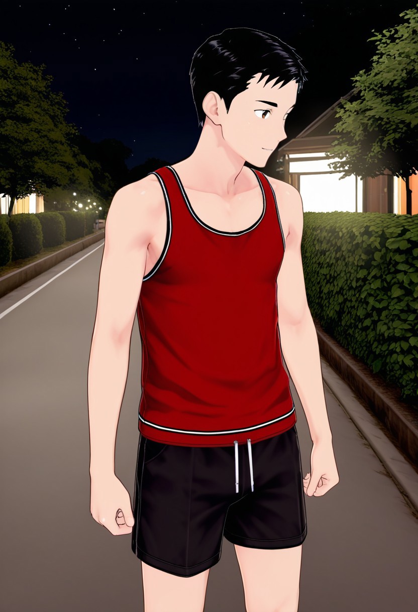 harmard, black hair, short hair, brown eyes, 1boy, solo, solo focus, red tank top, black shorts, young man, youthful, outdoor, at night day, small body