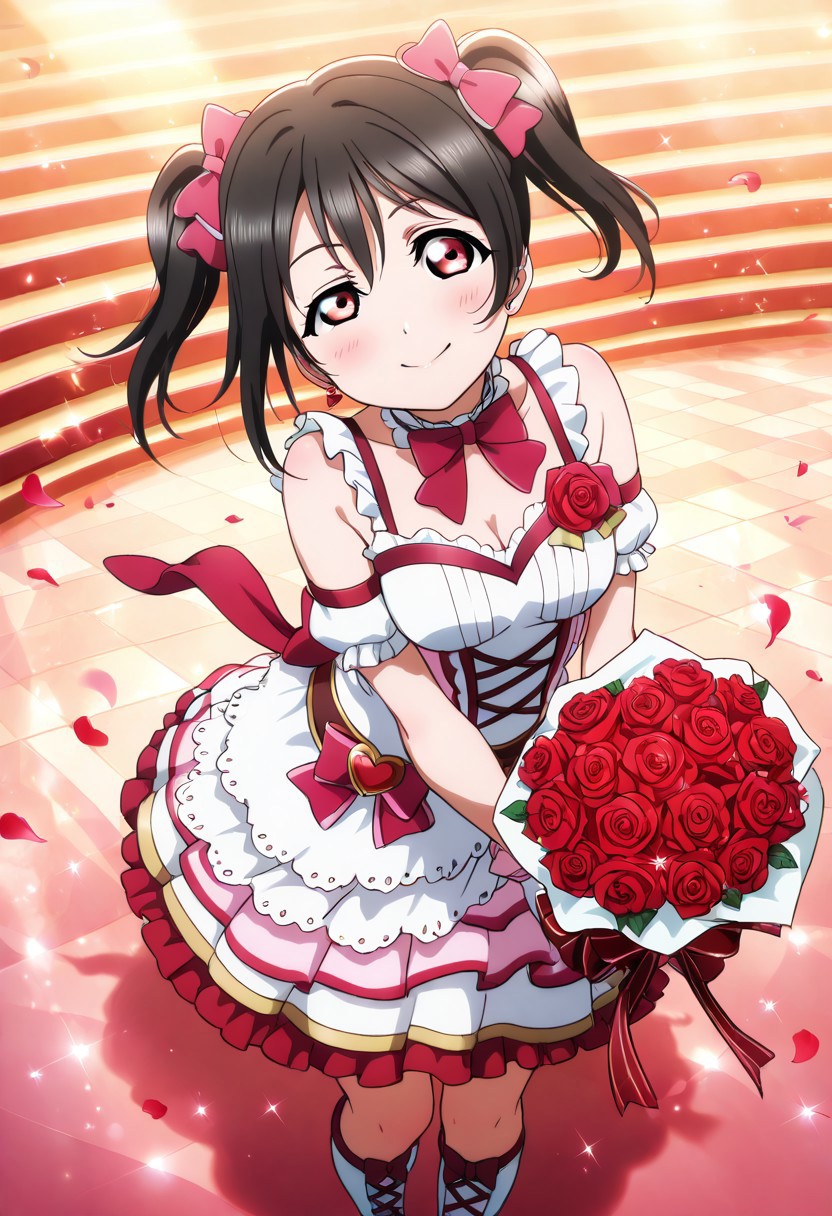 masterpiece, best quality, solo, 1girl, aged up, happy, large breasts, 
 niko_yazawa, yazawa_niko, black hair, twintails, red eyes, bow, hair bow, elegant Valentine’s-themed idol outfit, red and white dress with heart motifs, lace gloves, rose bouquet, heart-shaped stage with floating petals, golden spotlight from above, flirty wink, romantic and sweet performance