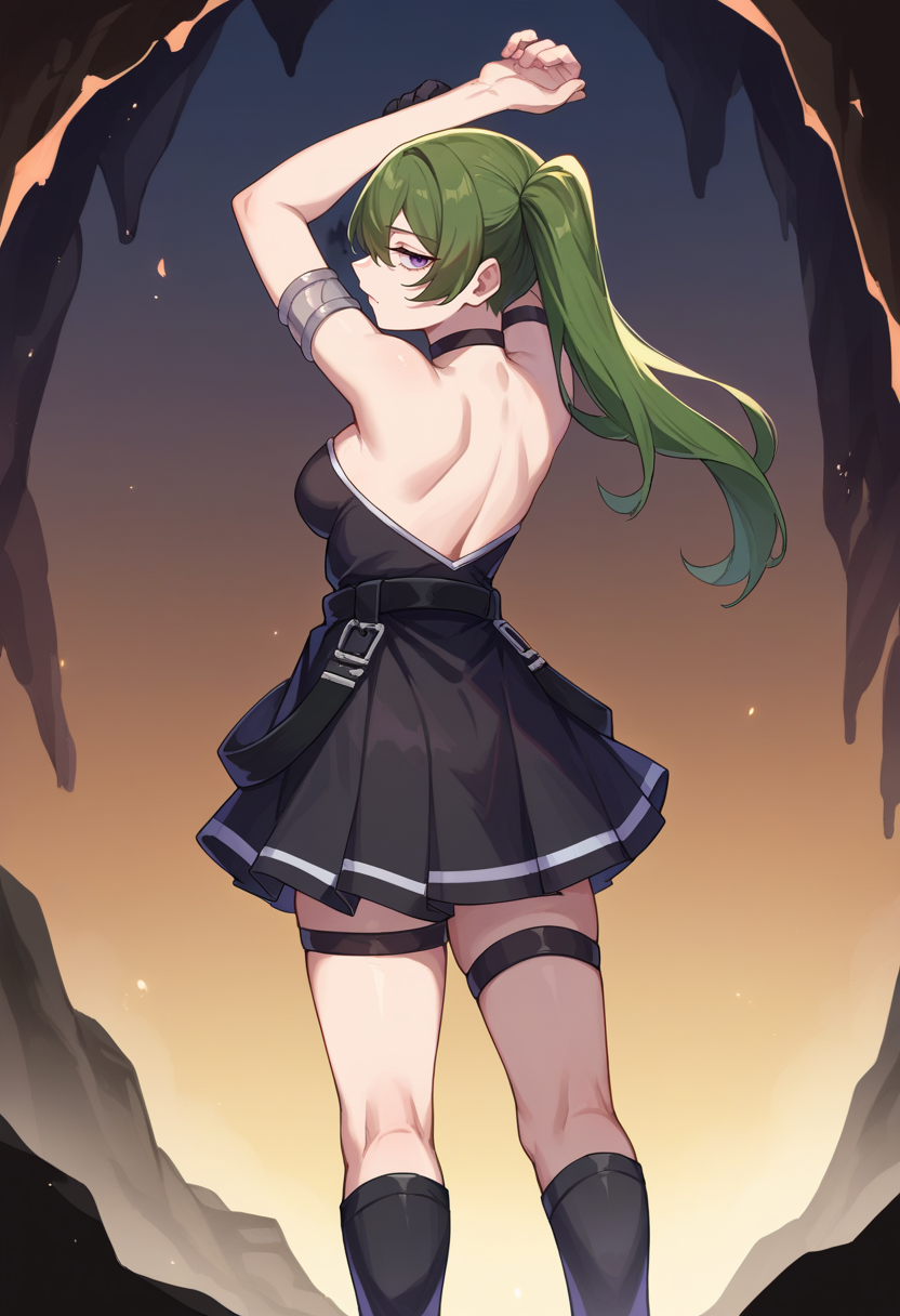 score_9, score_8_up, source_anime, 1girl, solo, UbelFrieren, purple eyes, dark green hair, medium hair, side ponytail, black choker, arm strap, armlet, black dress, halter dress, cleavage, short dress, belt, sleeveless, single glove, black gloves, thigh strap, black knee boots, cave, standing, stretching, arms up, looking back, from behind, back, <lora:CHAR-UbelPonyXL:1>
