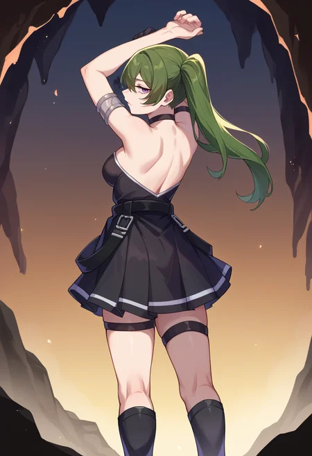 score_9, score_8_up, source_anime, 1girl, solo, UbelFrieren, purple eyes, dark green hair, medium hair, side ponytail, black choker, arm strap, armlet, black dress, halter dress, cleavage, short dress, belt, sleeveless, single glove, black gloves, thigh strap, black knee boots, cave, standing, stretching, arms up, looking back, from behind, back, <lora:CHAR-UbelPonyXL:1>