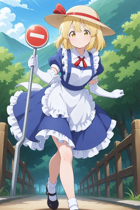 absurdres, highres, masterpiece, best quality, amazing quality, official anime artwork, screencap, anime screencap, outdoors, dynamic pose, 
 <lora:Kana-Anaberal_Illustrious:1> kana anaberal, 1girl, solo, yellow eyes, blonde hair, short hair, sidelocks, medium breasts,, white hat, hat ribbon, red ribbon, puffy short sleeves, collared shirt, white shirt, blue dress, frilled dress, collared dress, white apron, waist apron, frilled apron, maid apron, elbow gloves, white gloves, frilled gloves, black shoes, mary janes, white socks, holding sign, no entry sign,