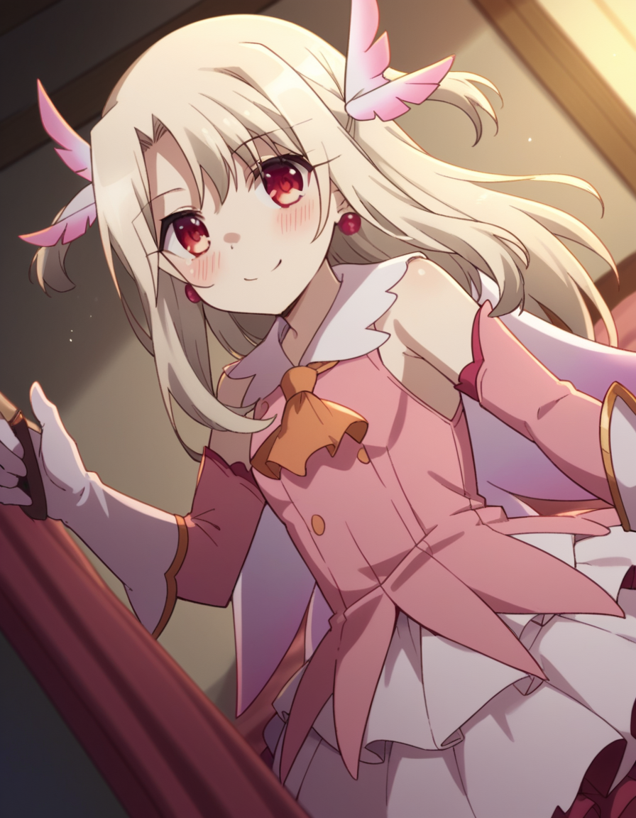 score_9, score_8_up, score_7_up, source_anime, <lora:illyasviel-von-einzbern-prisma-s2s3-ponyxl-lora-nochekaiser:1>,, illyasviel von einzbern, long hair, blonde hair, red eyes, parted bangs,, hair ornament, gloves, dress, jewelry, earrings, detached sleeves, ascot, magical girl, feathers, pink dress, feather hair ornament, prisma illya,, indoors, bed, bed room, on side, blush, drunk,, smile, looking at viewer, hand making an OK sign, solo,, cowboy shot, dutch angle