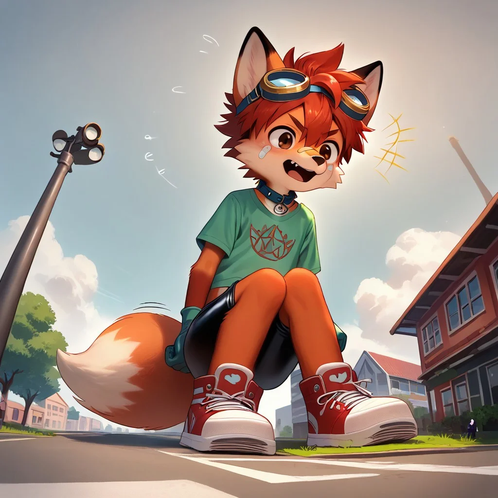 score_9, score_8_up, score_7_up, score_6_up, score_5_up, score_4_up, Anime Style, Shonen Style, Anthro Style, ((HD, High Quality, Masterpiece, High Quality Background, Detailed Background, thick outline)), (((Male, Boy, Young, Young Boy, Cute Boy, anthro fox, cute anthro fox, Pre-Teen, Tween, Twink, Skinny, cute face, Round Face, brown Eyes))), (small body proportions), (Medium Hair, Hair between eyes, Red Hair, Wavy Hair, spiky hair, spiked hair), 1boy, solo, ((Rubber Spandex Pants, Latex Rubber Gloves)), ((Oversized Crop Top, Goggles, band aid on nose, band aid on cheek, Midriff Showing, collar)), latex rubber Boots, Oversized latex rubber Boots, oversized latex rubber sneakers, latex rubber sneakers, ((Emphasize oversized latex rubber Boots, emphasize oversized latex rubber sneakers, Emphasize Latex, Emphasize latex rubber Gloves, Emphasize Goggles)), (((Macro, Giant, Growth, Growing Macro, Growing Giant, Macro Anthro fox, Macro Anthro fox Stomping in a town Street, Macro Anthro fox growing in a town Street, Looming, Macro Anthro fox between town buildings, Giant Looming))), ((Looking down, Screaming, Yelling, Snarling, Angry, growling, Furrowed Eyebrows, Crying in Pain, narrowed eyes, tears, furious)), ((stepping on small cars, stomping)), (((Growth Lines coming off body, Motion Lines showing growth, Motion Lines coming off body))), (Low-Angle Shot), ((Full-Body Shot))